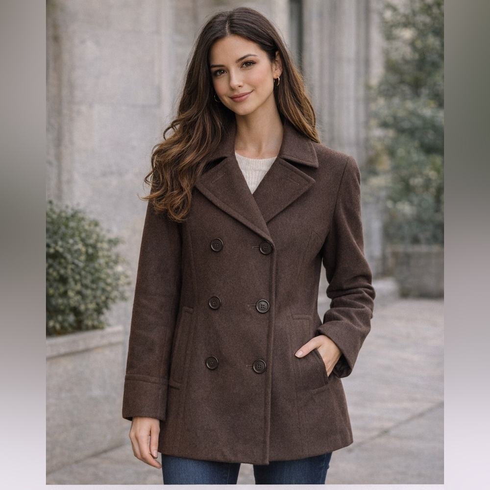 Brown Wool Blend Peacoat Double Breasted Classic Coat Classic Size L